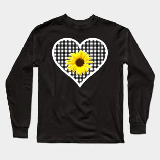 White and Black Gingham Heart with Yellow Daisy Long Sleeve T-Shirt